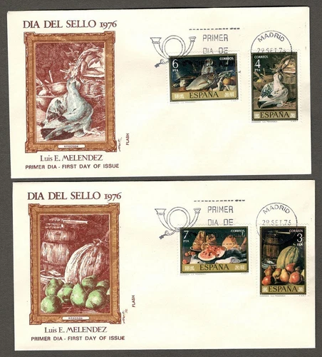 Spain 1976 Stamp Day - Paintings by Luis Eugenio Menendez set of 8 on 4 FDC