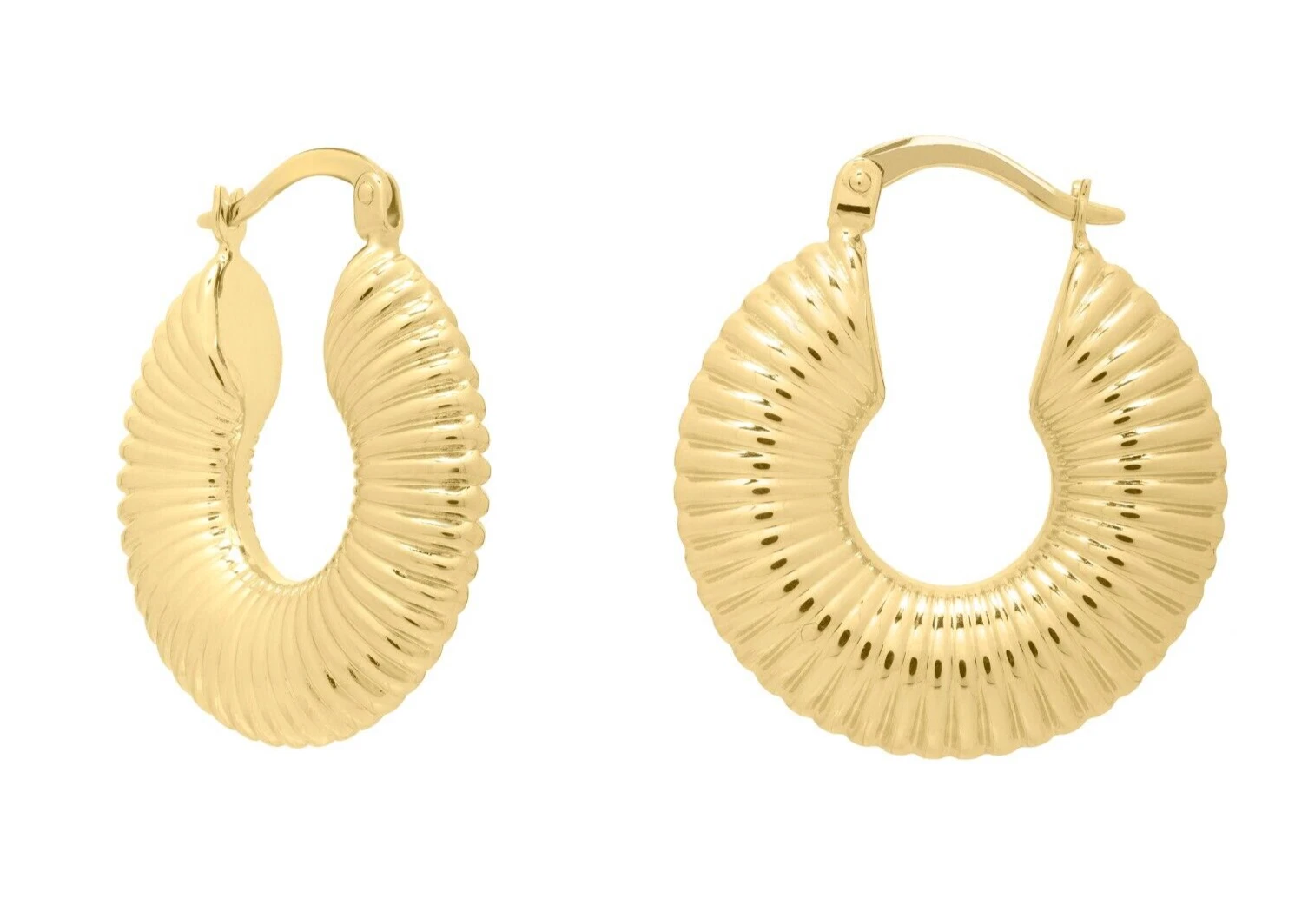 14k Yellow Gold 27mm Round Ribbed Hoop Earrings 3.6 gr Hinged Clasp