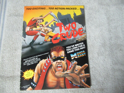 Original 1990 ad  11- 8.5''   two crude data east    ARCADE VIDEO GAME FLYER