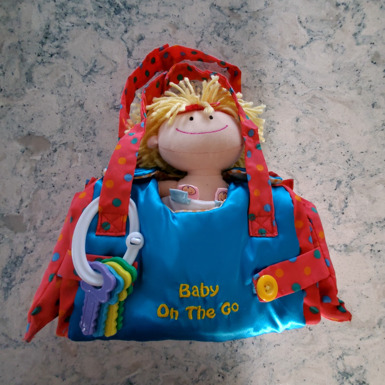 Baby Boutique On The Go Blonde Doll Carrier Diaper Blue Red Yellow Plush 9" Toy