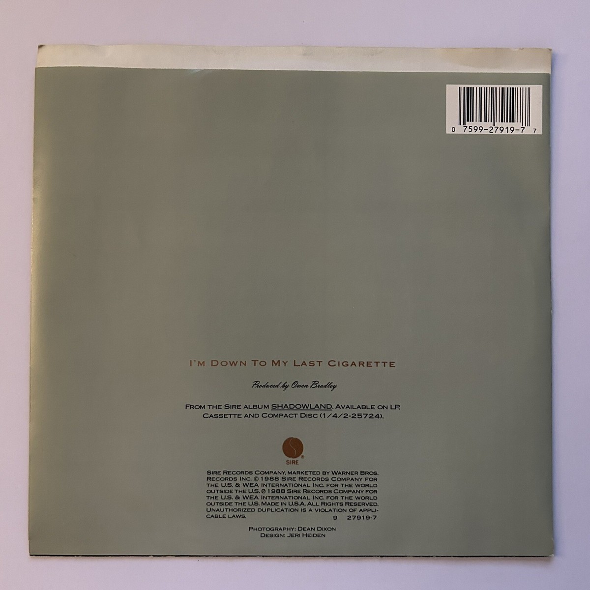 k.d. lang - I'm Down to My Last Cigarette 1988 45 rpm w/picture sleeve -  VG+