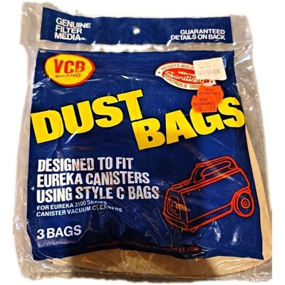 VCB Style C Vacuum Cleaner Bags for Eureka 3100 Canisters, Disposable Paper 3pk