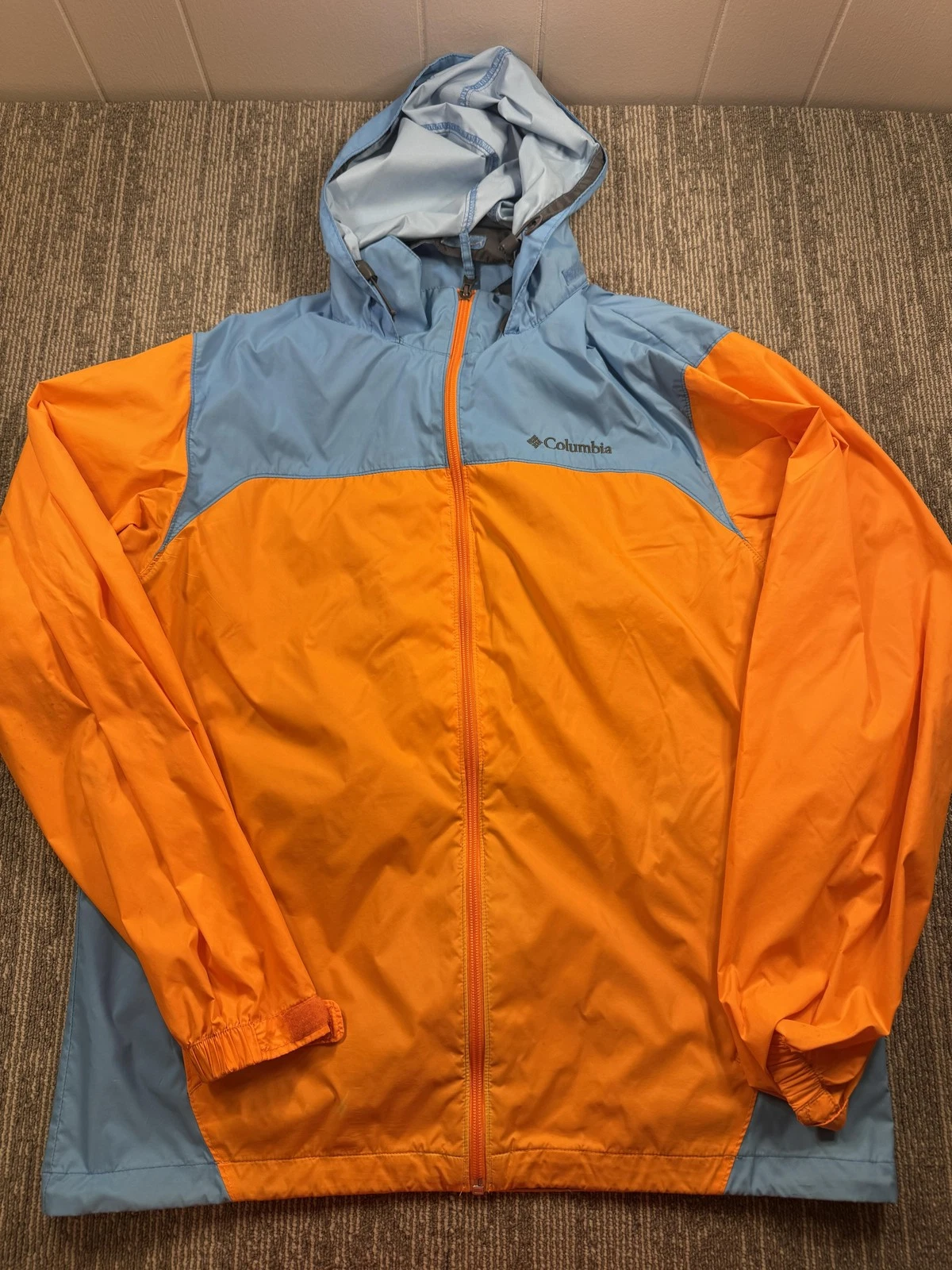 Columbia Jacket Mens Medium Orange Blue Hooded Windbreaker Full Zip Lightweight