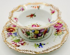 Antique Dresden Meissen Flowers Ramekin Custard Bowl With Under Plate Saucer