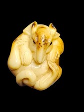 Vintage Japanese Ojime Bead Rat Hand Carved Signed Zodiac Showa Era