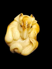 Vintage Japanese Ojime Bead Rat Hand Carved Signed Zodiac Showa Era