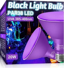 2 Pack Par38 Black Light Bulbs Outdoor,20W Black Flood Light Replace to 200W,...