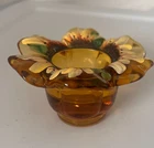 Fenton Amber Glass Candle Holder 2.5” Hand Painted Sunflower Signed C. Smith