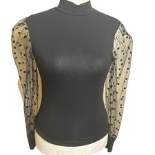 Long sleeve top black knit mock neck sheer polka dot bishop sleeve Sz Med