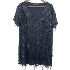 Zara Black Sequin Fringe Flapper 20s Short Sleeve V Neck Mini Dress Party