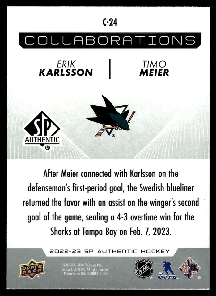 2022-23 SP Authentic Collaborations Blue Erik Karlsson / Timo Meier #C-24 - Image 2 of 2