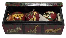 India Lacquerware Wood Box Ornaments Safari Animals Zebra Giraffe Tiger Vintage
