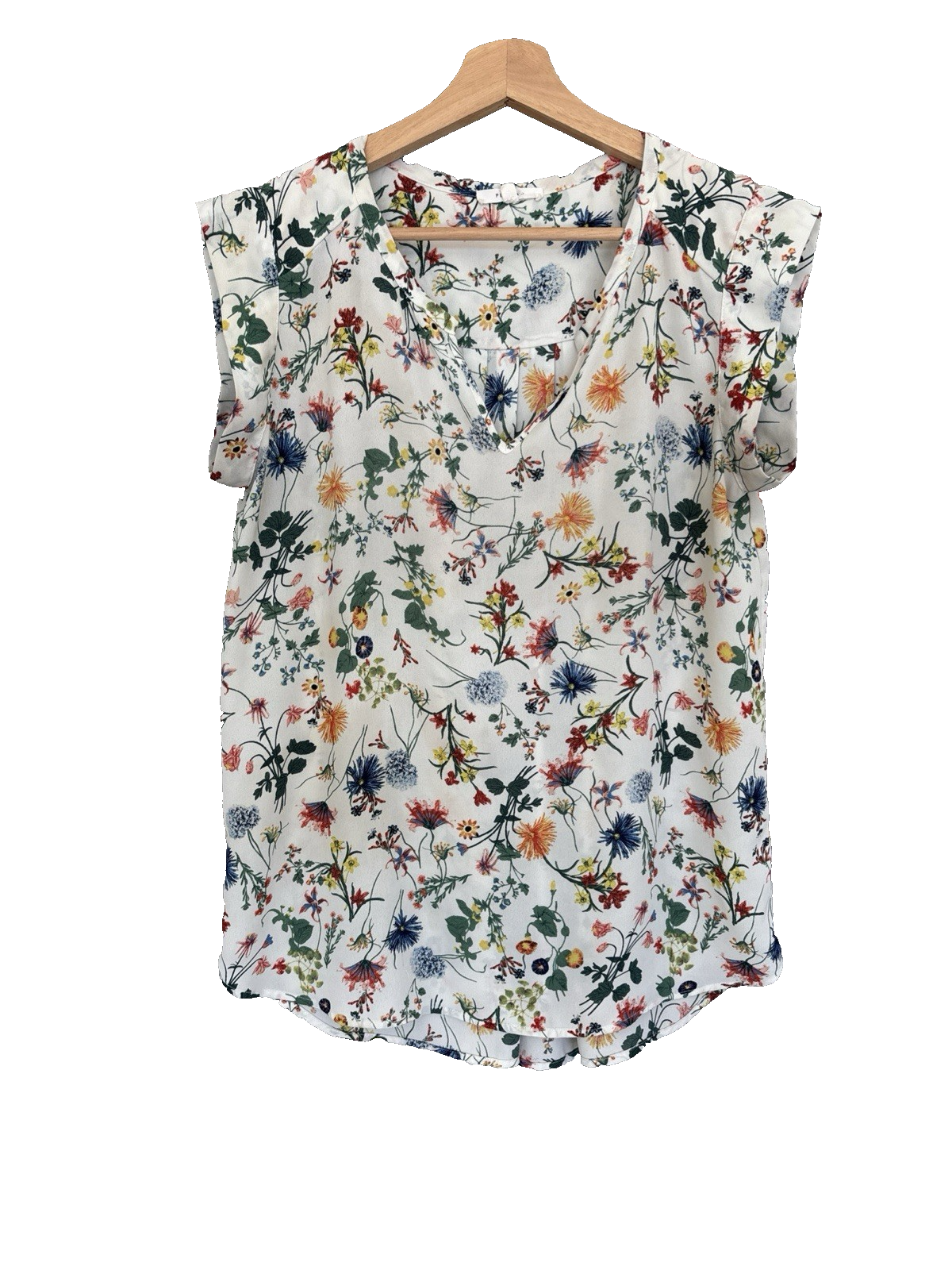Pleione Ivory Floral Blouse XS Oversized V-Neck Cap Sleeve Flowy Top Women’s