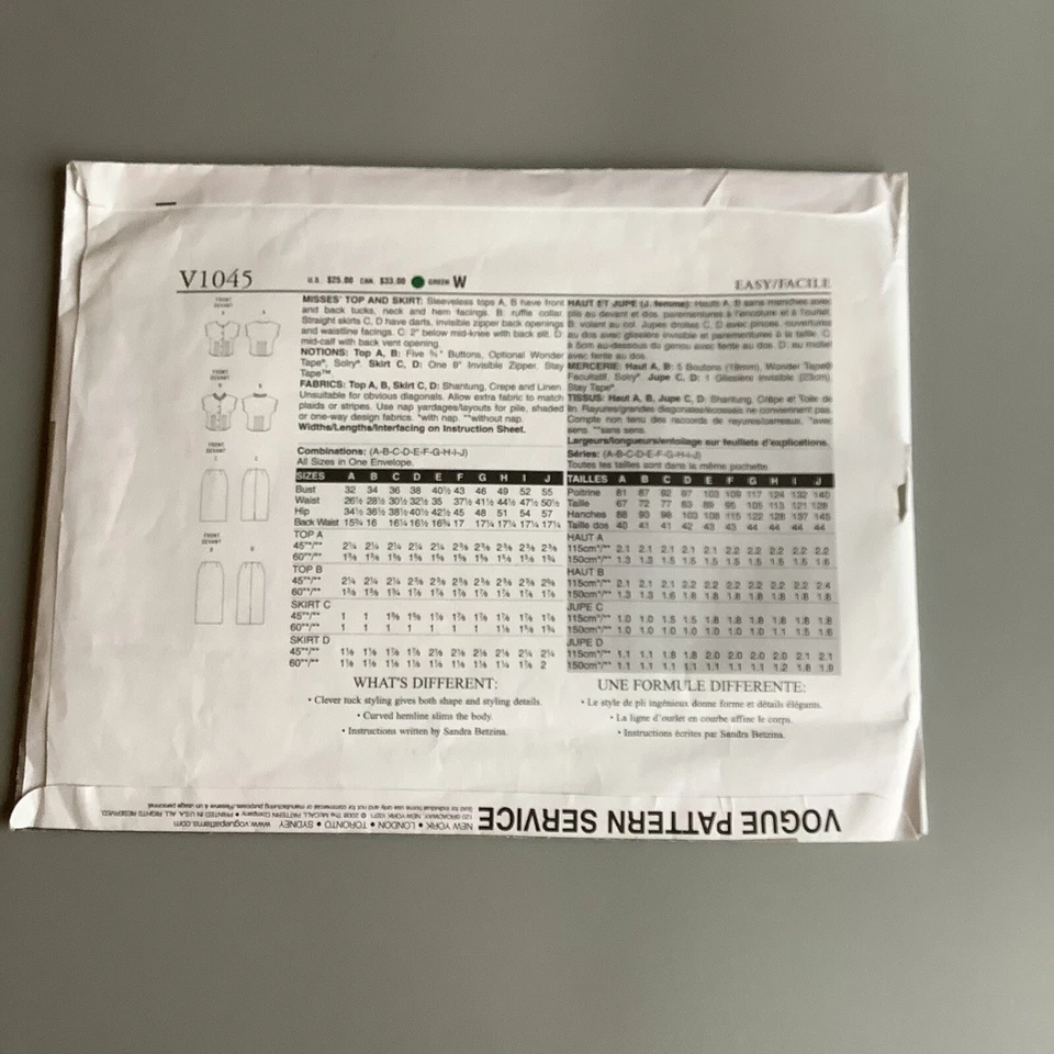 Vogue Pattern V1045 - Today’s Fit by Sandra Betzina - Top & Skirt - Sizes OSZ - Image 2 of 3