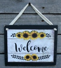 Sunflowers Welcome Primitive Farmhouse Wooden Wall Sign Plaque