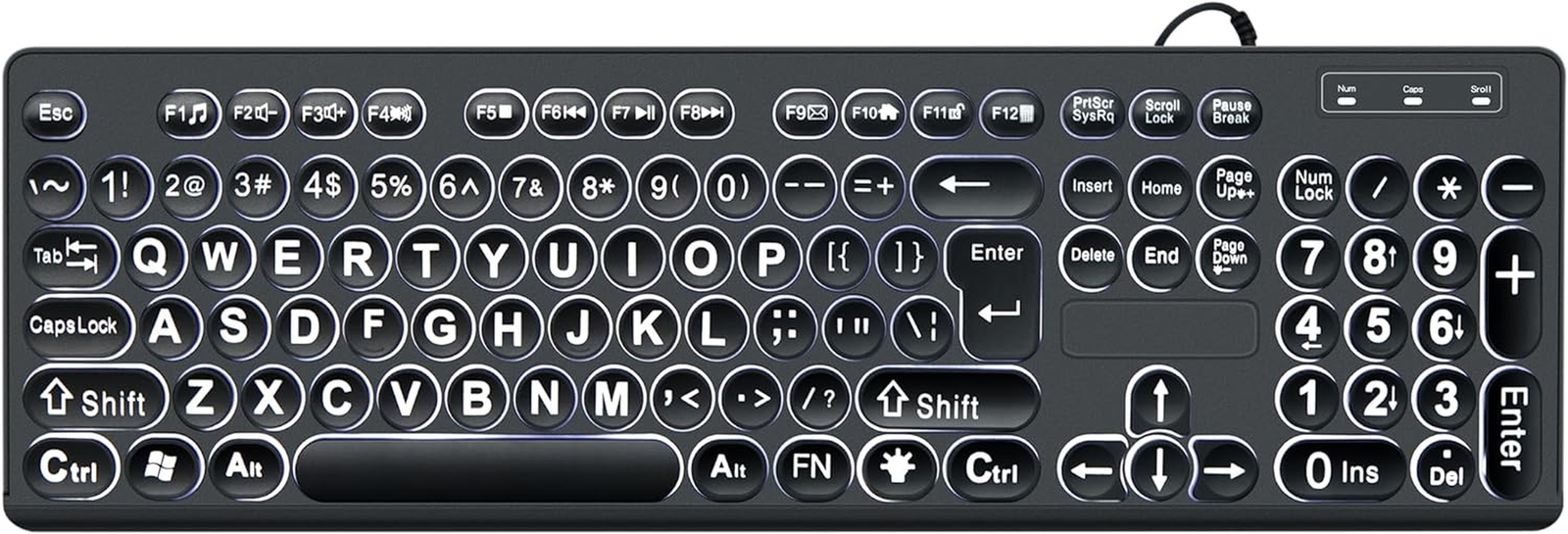 Large Print Keyboard with White LED Backlight, 104 Keys, USB, Adjustable Brightn