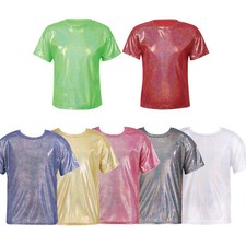 Boys Girls Shiny Metallic Top Kid Hip Hop Jazz Blouse Athletic T-shirt Dancewear