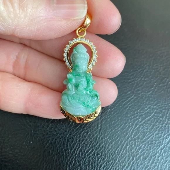 14K Real Gold Natural Grade A Jade Guanyin Kwan Yin Female Buddha