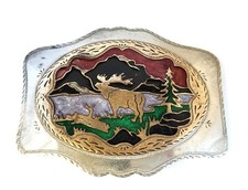 Vintage BULL ELK BUGLING Belt Buckle Western Inlay Design