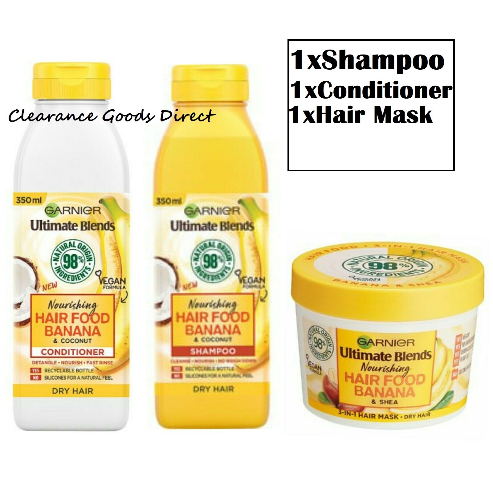 Garnier Banana Hair Food MASK + SHAMPOO + CONDITIONER Ultimate Blends