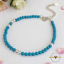 BRACCIALE DONNA UOMO ARGENTO 925 PERLE TURCHESE PIETRA NATURALE E ARGENTO 925