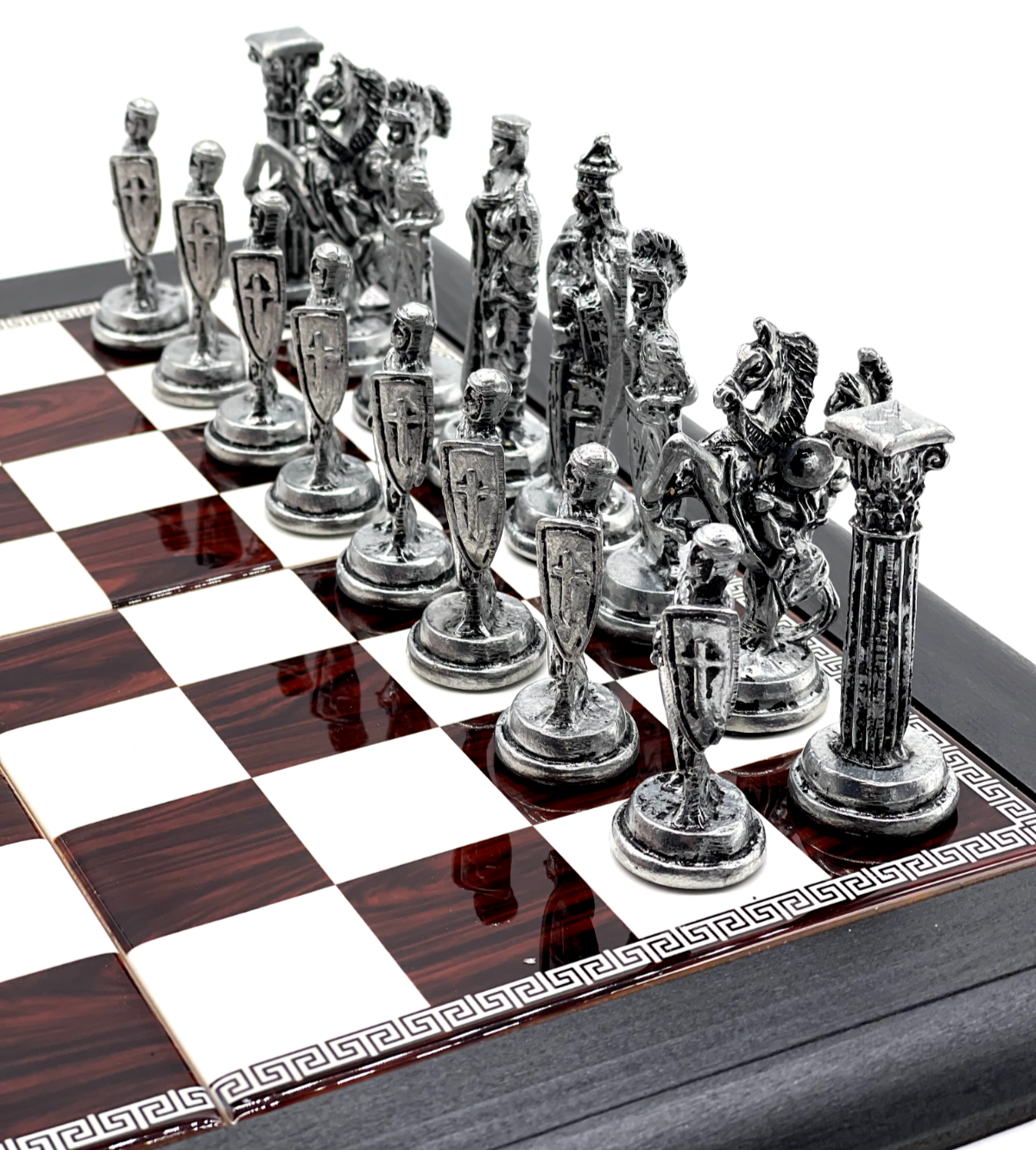 British Metal Chess Pieces With Ceramic Chess Board On Handmade Wood, Chess  Set