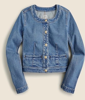 J.Crew Louisa Lady Round Gold Button Up Cropped Jacket Denim Blue Women Size 8