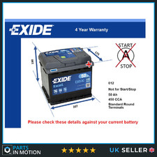 Car Battery EB500 Exide 012 450A 50Ah 4Yr Warranty 207x175x190 Excell