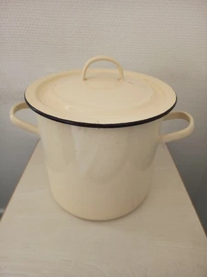 marmite faitout cocotte tole émaillée jaune couvercle cuisine vintage 6L - Photo 1/4