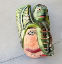 Máscara de arte popular mexicano vintage tallada a mano madera doble cara reptil Guerrero