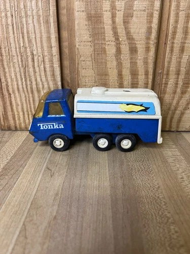 Vintage TONKA RACING FUEL TANKER TRUCK Blue Steel White Plastic Toy 5 1/2"