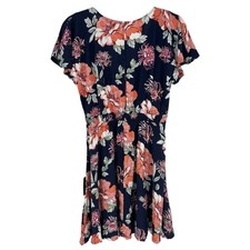 Lulus Mini Dress Navy Floral Tie Front Keyhole Back Short Sleeve Size S