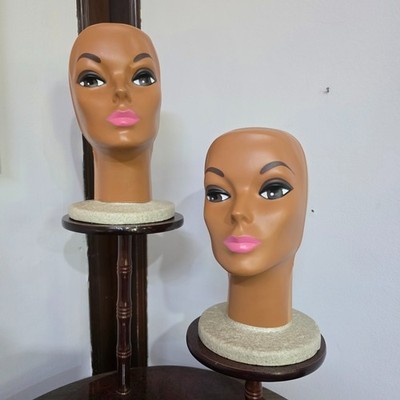 Vintage 60's Mannequin Styrofoam & Plastic Head Wig Stand Brown Lot of 2