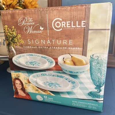 Pioneer Woman by Corelle 12 Piece Dinnerware Set Evie Teal Factory Sealed USA 