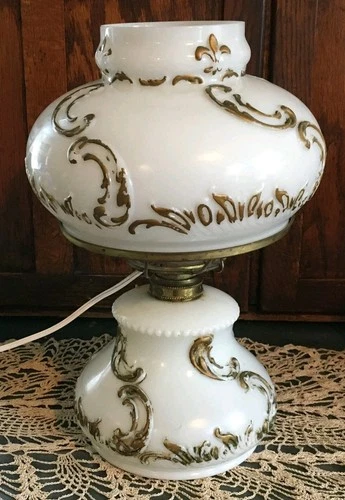 Vintage Milk Glass Hurricane Table Lamp 14in Gold Scroll Embossed Electric MCM