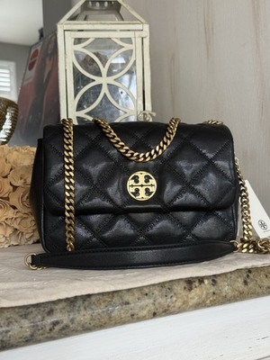 New Tory Burch Willa Black Diamond Quilted With Gold Hardware