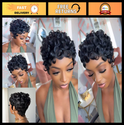 Curly Pixie Cut Wig for Women - Short Layered Human Hair Wig with Bangs, Natural