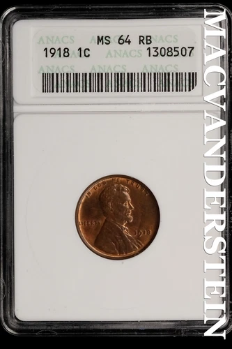 1918 Lincoln Wheat Cent-ANACS MS 64 RB Gem BU No Reserve #SLL550