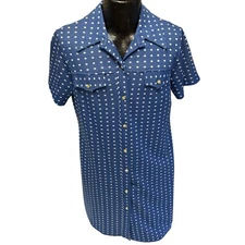 Vtg 60 70's Women MOD Blue POLKA DOT Button Down Collared House Dress 18.5 42