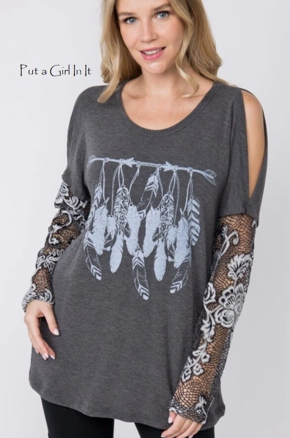 Nuevo CAMISA TOP VOCAL Mujer PLUMA GRIS FLORAL NEGRO ENCAJE MANGA LARGA S M L XL