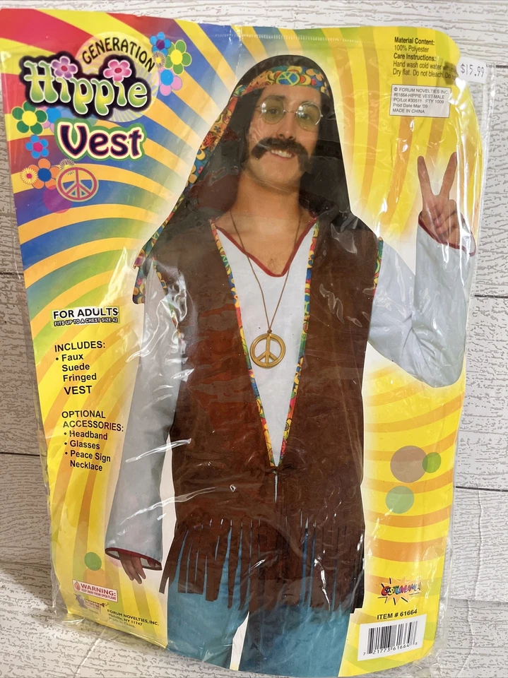 Forum Novedades Hombre Disfraz Hippie Chaleco Marrón Talla Única y Accesorios Foto 2 de 4