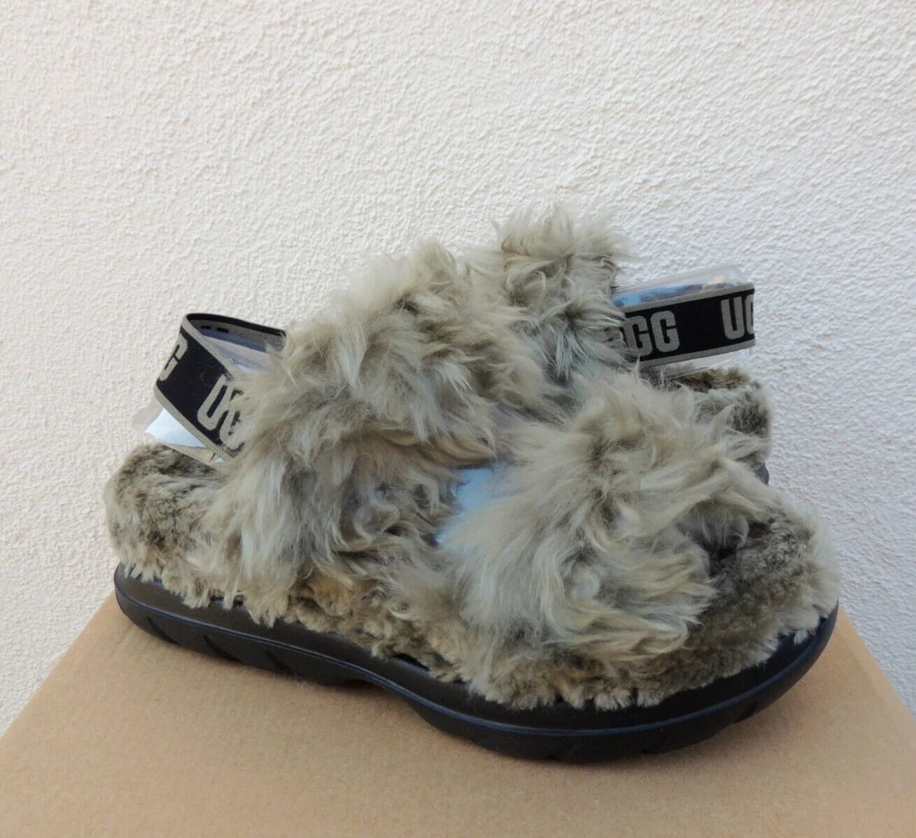 UGG SANDALI SLIDE PANTOFOLE PELLICCIA SINTETICA ZUCCHERO LANUGINE OLIVA BRUCIATA US 8 EUR 39 ~NUOVI CON SCATOLA