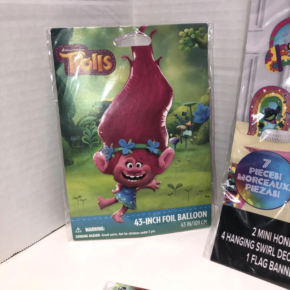 Juego de decoración de fiesta Trolls World Tour telón de fondo, centros de mesa, lote de globos nuevo con etiquetas Foto 2 de 4