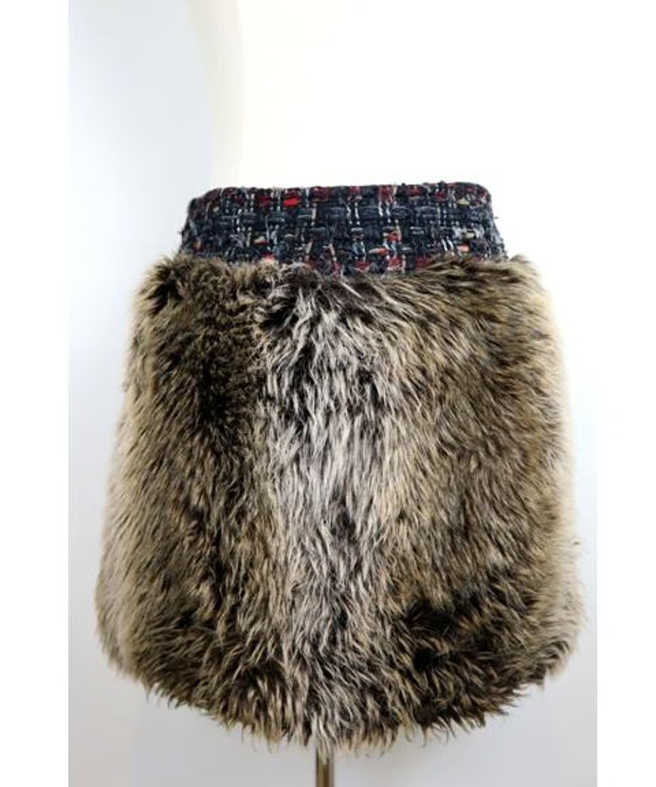 Auth CHANEL 10A Black Red Wool Lesage Tweed Fantasy Fur Mini Skirt