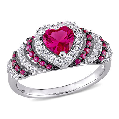 Amour Silver 1 3/4CT TGW Created Ruby, Created White Sapphire Heart Vintage Ring