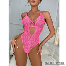 Barbiecore Hot Pink Floral Lace Cut Out Teddy Size Large