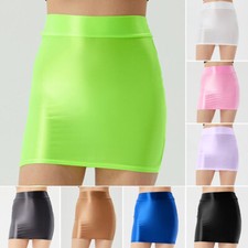 Womens Shiny Glossy Stretchy Mini Skirt Solid Color High Waist Bodycon Skirts