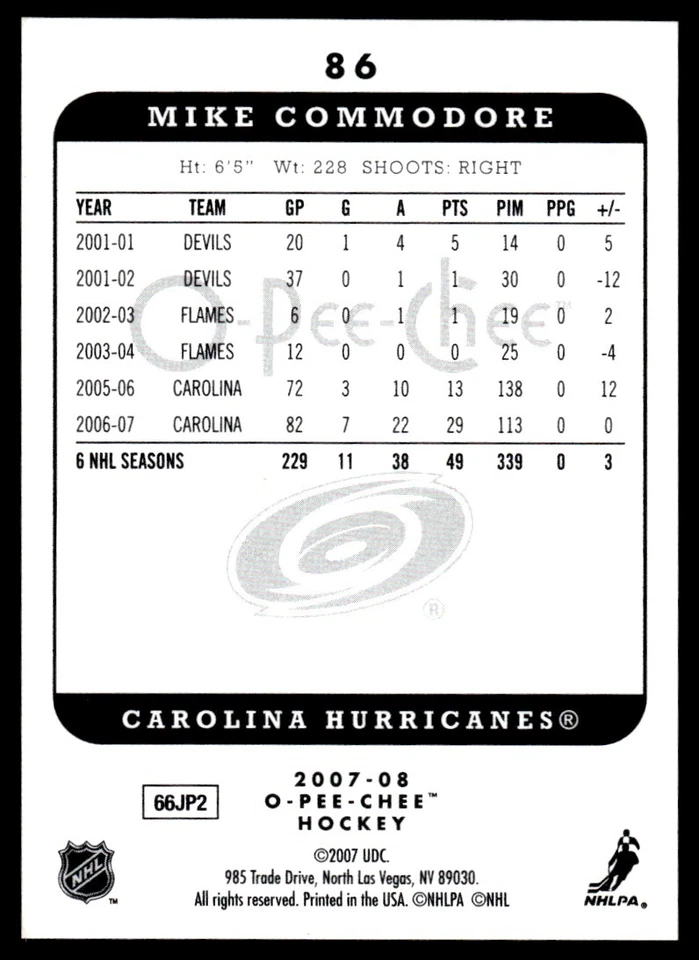 2007-08 O-Pee-Chee Micromotion Mike Commodore Carolina Hurricanes #86 - Image 2 of 2