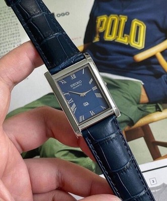 Vintage Seiko Slim Tank Quartz Men Blue Dial Dress Watch-Free DDP Shipping
