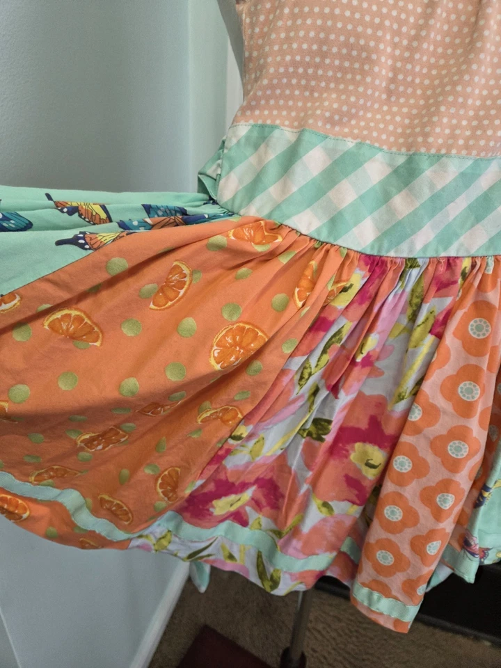 Matilda Jane Trifle Pudding Dress Sz 6 Multi Print Tie Back Ruffle Charming Fun - Image 2 of 4